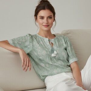 Marea Cotton Mint Green Floral Blouse Medium